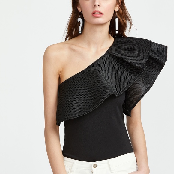 Tops - Black one shoulder ruffle bodysuit